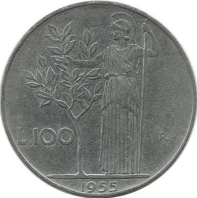 Монета 100 лир. 1955 год. Богиня мудрости Минерва рядом с оливковым деревом.  Италия. 