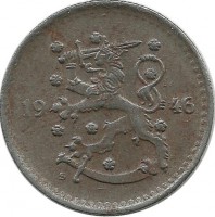 Монета 1 марка. 1946 год, Финляндия.