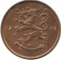 Монета 10 пенни.1940 год, Финляндия.