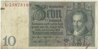 Рейхсбанкнота 10 рейхсмарок 1929 год, Германия. (Серия двулитерная. Первая литера напечатана в фоновой сетке - E, вторая напечатана вместе с серийным номером - L).
