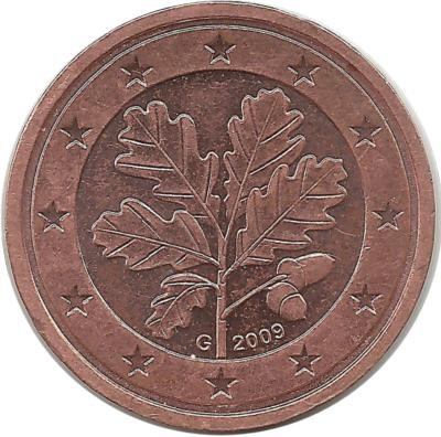 Монета 2 цента. 2009 год (G), Германия.  
