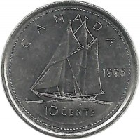 Шхуна Bluenose. Гафельная двухмачтовая шхуна Блюноуз. Монета 10 центов. 1995 год, Канада.  