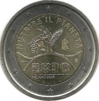 Экспо-2015  в Милане.  Монета 2 евро. 2015 год, Италия. UNC.