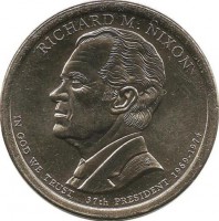 Ричард Никсон (1969–1974), 37-й президент США. Монетный двор (P). 1 доллар, 2016 год, США. UNC.