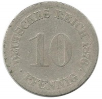 Монета 10 пфеннигов.  1876 год (F) ,  Германская империя.
