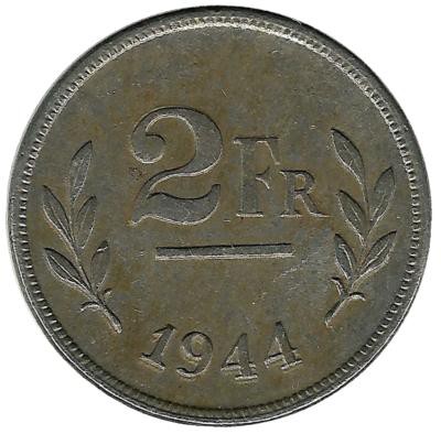 Монета 2 франка. 1944 год, Бельгия.