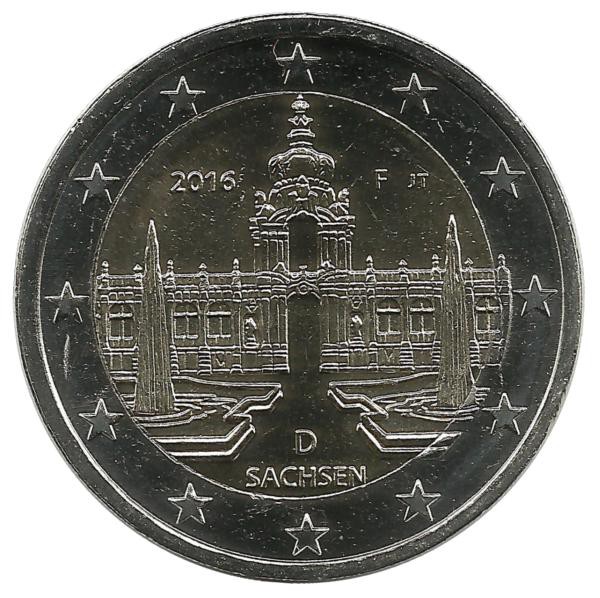  Саксония. (Дворец Цвингер, Дрезден).  Монета 2 евро, 2016 год, (F) . Германия. UNC.