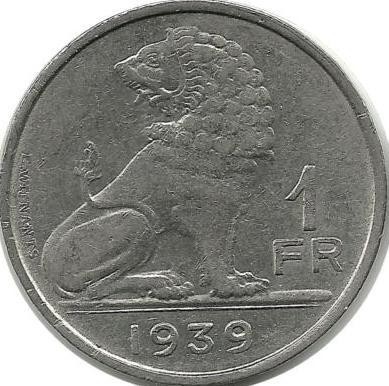 Монета 1 франк. 1939 год, Бельгия. (Belgie-Belgique)