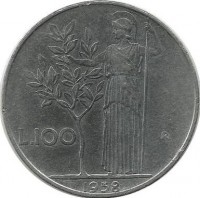 Монета 100 лир. 1958 год. Богиня мудрости Минерва рядом с оливковым деревом.  Италия. 