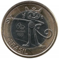 Олимпиада в Рио. Талисман Олимпиады. Монета 1 реал. 2016 год, Бразилия. UNC.