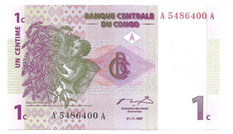 Банкнота 1 сантим  1997 год. Конго. UNC. 
