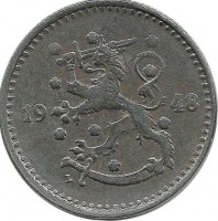 Монета 1 марка. 1948 год, Финляндия.