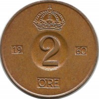 Монета 2 эре.1960 год, Швеция. (TS).