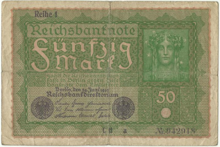 Рейхсбанкнота 50 рейхсмарок 1919 год, Германия. 