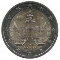 Саксония. (Дворец Цвингер, Дрезден).  Монета 2 евро, 2016 год, (D) . Германия. UNC.