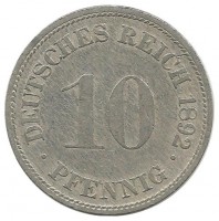 Монета 10 пфеннигов.  1892 год (D) ,  Германская империя.