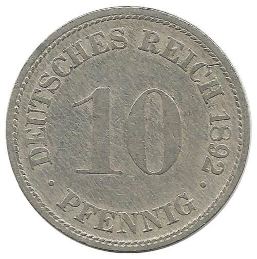Монета 10 пфеннигов.  1892 год (D) ,  Германская империя.