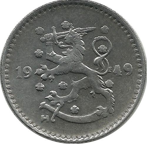 Монета 1 марка. 1949 год, Финляндия.