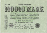 Рейхсбанкнота 100 000 марок 1923 год, Германия. 