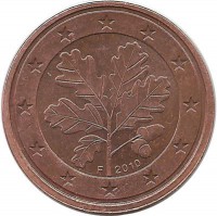 Монета 2 цента. 2010 год (F), Германия.  