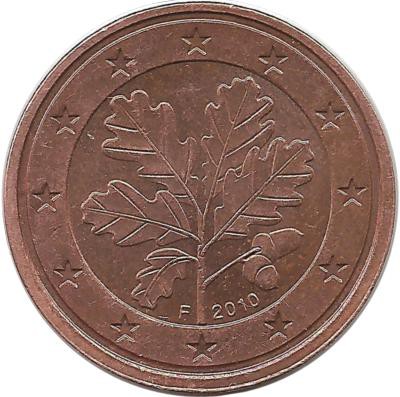 Монета 2 цента. 2010 год (F), Германия.  