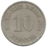 Монета 10 пфеннигов.  1893 год (А) ,  Германская империя.