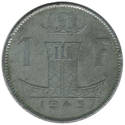 Монета 1 франк.  1943 год, Бельгия.  (Belgique-Belgie)