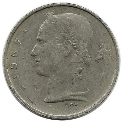 Монета 1 франк.  1967 год, Бельгия.  (Belgie)