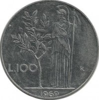 Монета 100 лир. 1969 год. Богиня мудрости Минерва рядом с оливковым деревом.  Италия. 