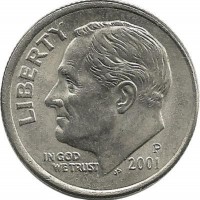 Франклин Д. Рузвельт. Монета 10 центов 2001г. (P.), CША. 