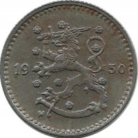 Монета 1 марка. 1950 год, Финляндия.