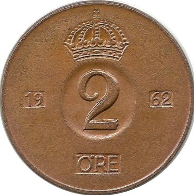 Монета 2 эре.1962 год, Швеция. (U).