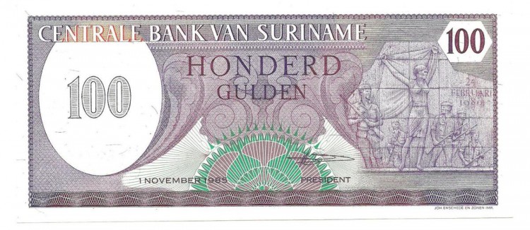 Суринам. Банкнота 100 гульденов. 1985 год. UNC.  