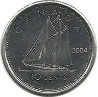 Шхуна Bluenose. Гафельная двухмачтовая шхуна Блюноуз. Монета 10 центов. 2004 год, Канада.  