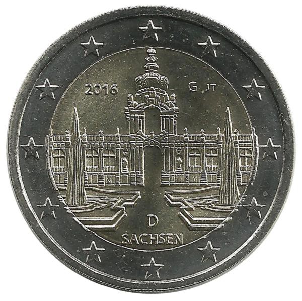 Саксония. (Дворец Цвингер, Дрезден).  Монета 2 евро, 2016 год, (G) . Германия. UNC.