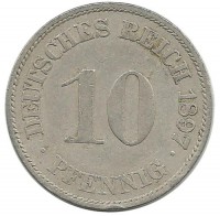 Монета 10 пфеннигов.  1897 год (А) ,  Германская империя.