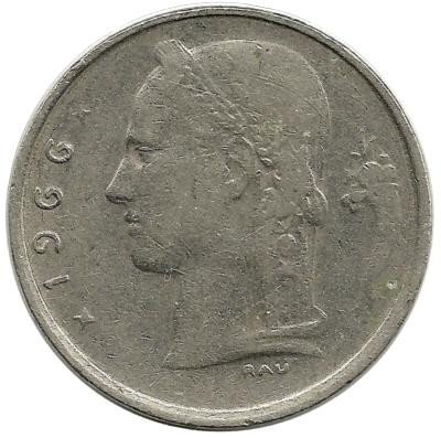 Монета 1 франк.  1966 год, Бельгия.  (Belgie)