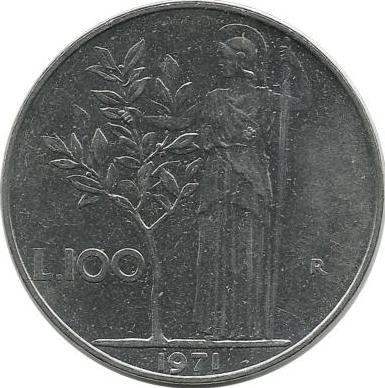 Монета 100 лир. 1971 год. Богиня мудрости Минерва рядом с оливковым деревом.  Италия. 