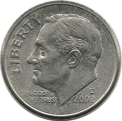 Франклин Д. Рузвельт. Монета 10 центов 2002г. (D.), CША.