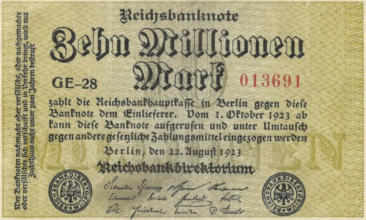 Рейхсбанкнота 10 миллионов марок 1923 год, Германия. (Серия: GE-28).