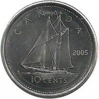 Шхуна Bluenose. Гафельная двухмачтовая шхуна Блюноуз. Монета 10 центов. 2005 год, Канада.  