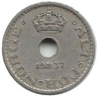 Монета 10 эре. 1937 год, Норвегия.  
