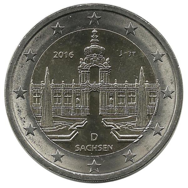 Саксония. (Дворец Цвингер, Дрезден).  Монета 2 евро, 2016 год, (J) . Германия. UNC.