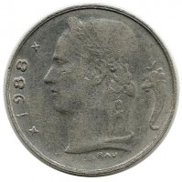 Монета 1 франк.  1988 год, Бельгия.  (Belgie)