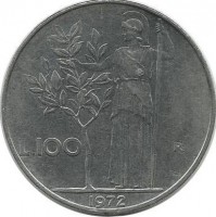 Монета 100 лир. 1972 год. Богиня мудрости Минерва рядом с оливковым деревом.  Италия. 