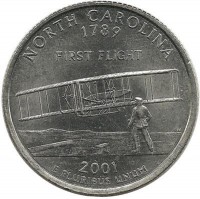 Северная Каролина (North Carolina). Монета 25 центов (квотер), 2001 г. D.  CША. 