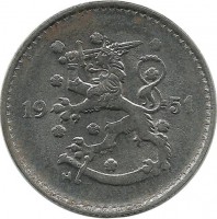 Монета 1 марка. 1951 год, Финляндия.