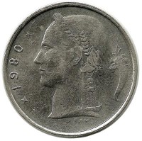 Монета 1 франк.  1980 год, Бельгия.  (Belgie)