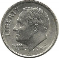 Франклин Д. Рузвельт. Монета 10 центов 2004г. (D.), CША.