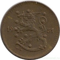 Монета 1 марка. 1951 год, Финляндия.